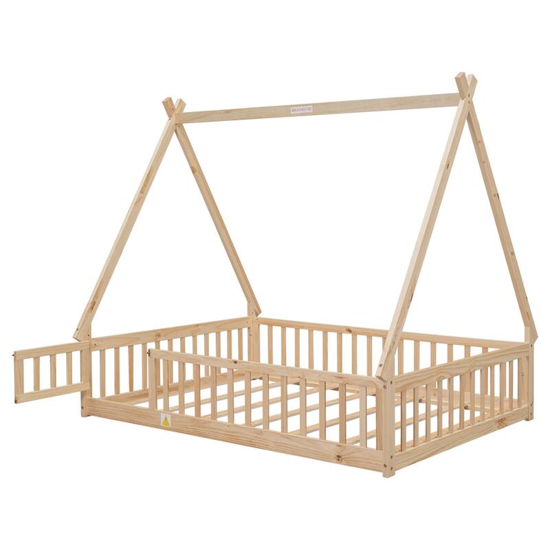 Full Tent-shaped Floor Bed with Guardrails, Slats, Door