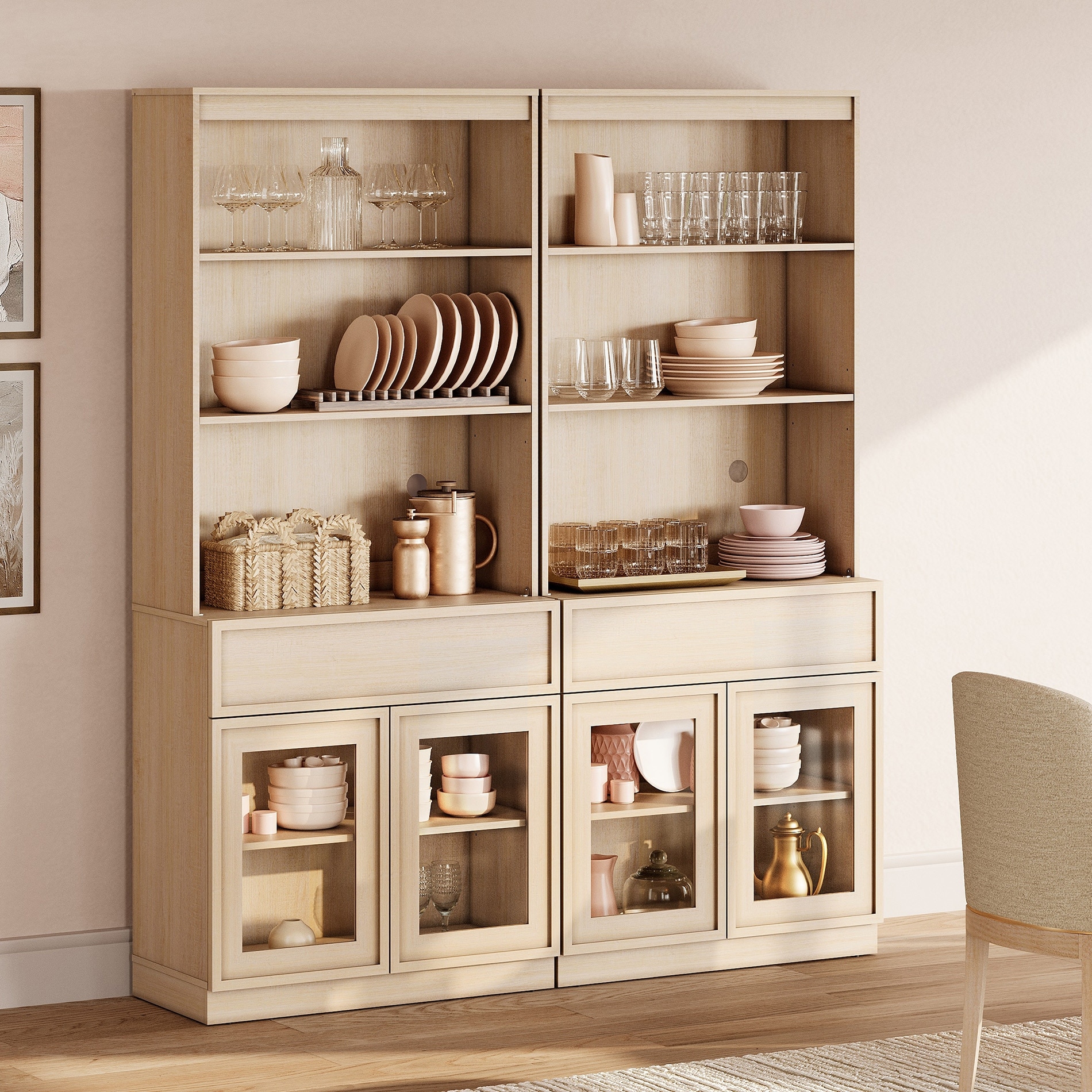 WAMPAT 72" Modern Tall Sideboard, Glass Door Buffet Cabinet with Drawers and Adjustable Shelves, Wood Storage Console Cabinet