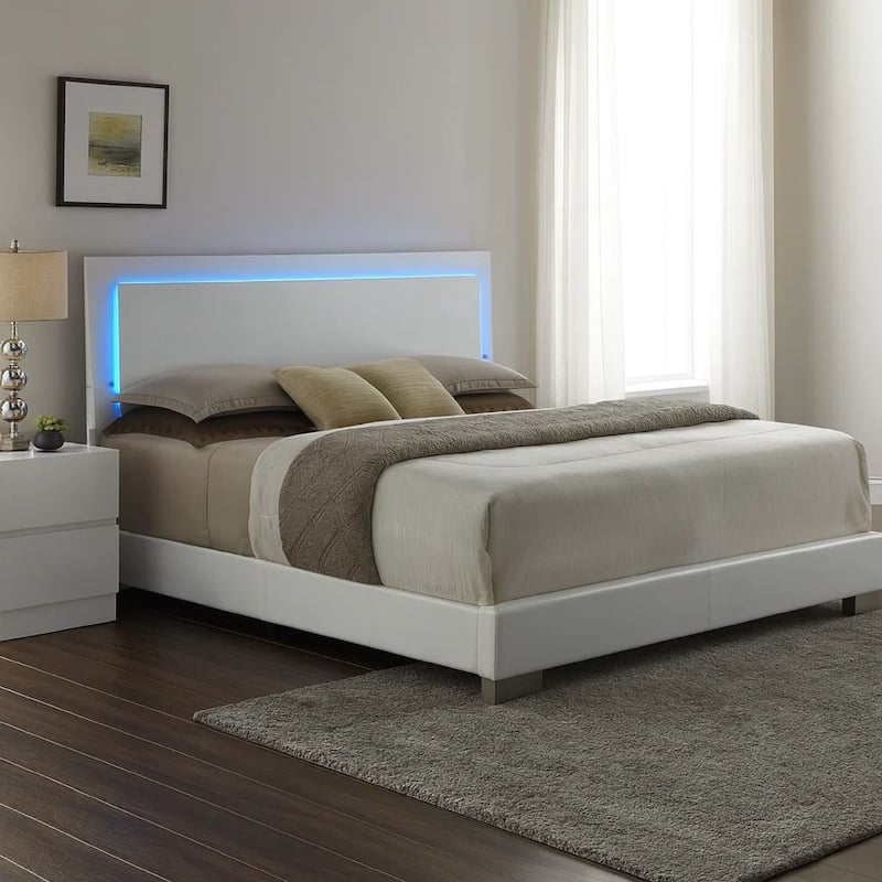 Sok Queen Panel Bed with LED Headboard, Low Profile Footboard, Glossy White