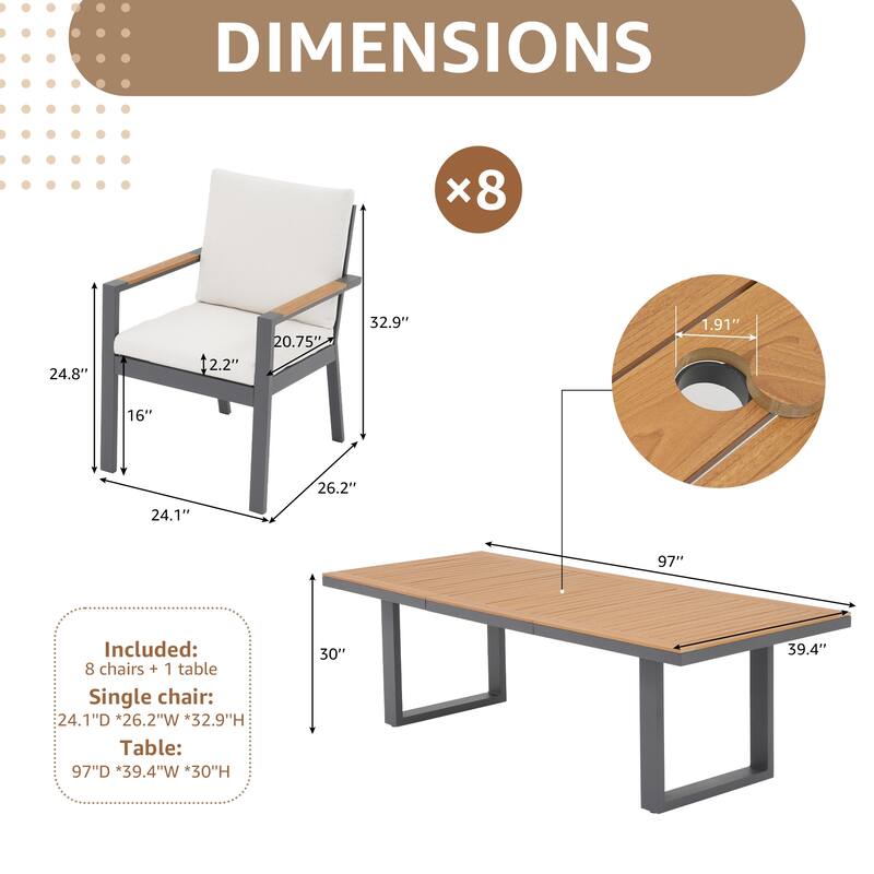 9-Piece Modern Aluminum Outdoor Dining Set with 8 Patio Dining Chairs