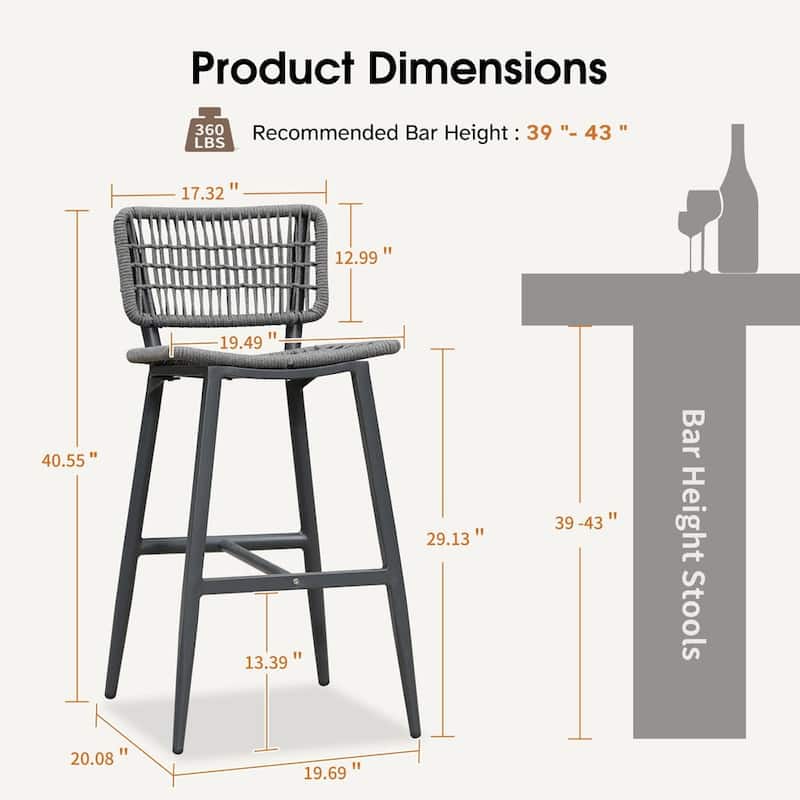 PURPLE LEAF Bar Stools Set of 2 Patio Wicker Bar Height Metal Chairs Boho High Barstools with Back for Garden Outdoor