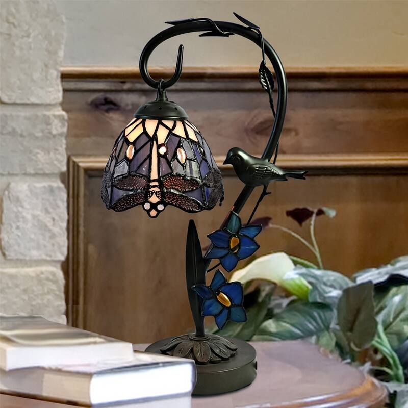 Bird On Vine Dragonfly Tiffany Table Lamp