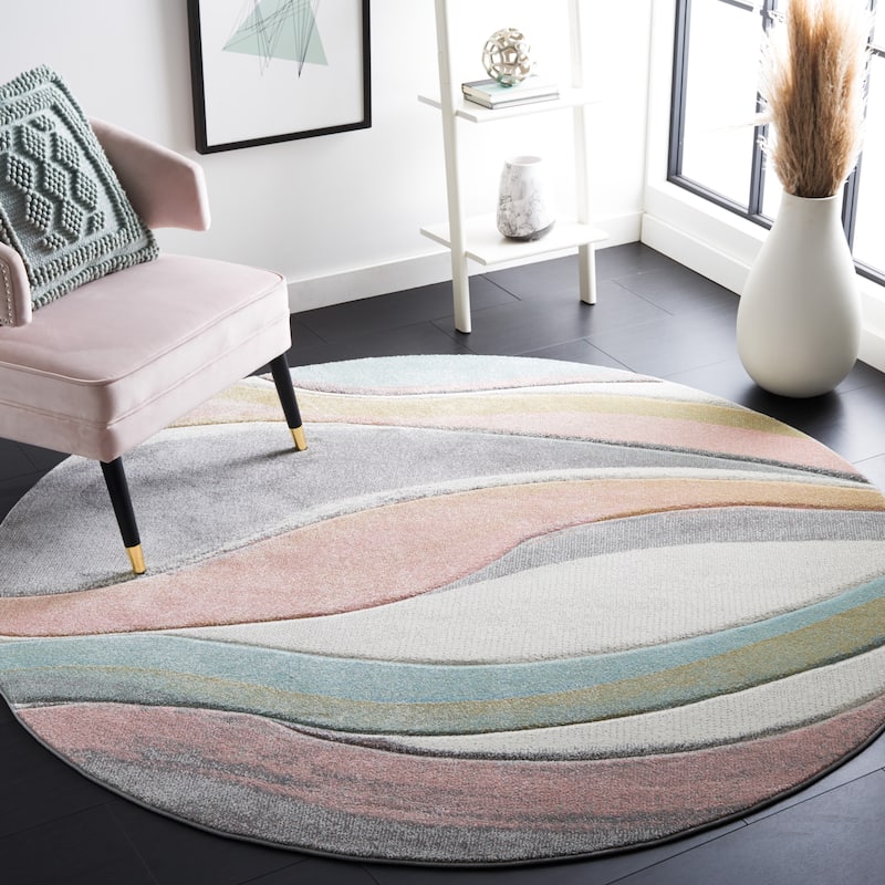 SAFAVIEH Hollywood Deep Mid-Century Modern Abstract Rug - 3' Round - Grey/Pink - Round