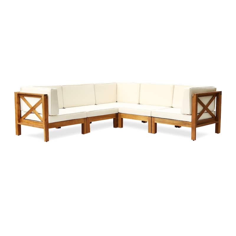 Brava Outdoor 5-Seat Acacia Wood Sofa Set by Christopher Knight Home - teak +beige cuhsion