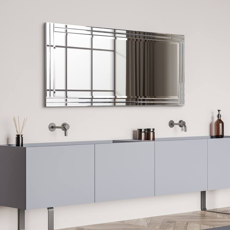 Moderno Stepped Beveled Rectangle Wall Mirror, Solid Wood Frame, 1"-Beveled Center Mirror, Ready to Hang - Clear