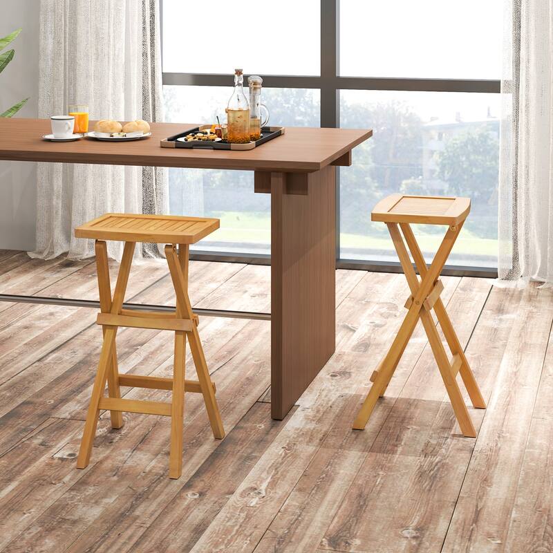 Set of 2 Teak Wood Outdoor Folding Counter Height Bar Stools with Backless Design for Kitchen - 17" x 16" x 29"