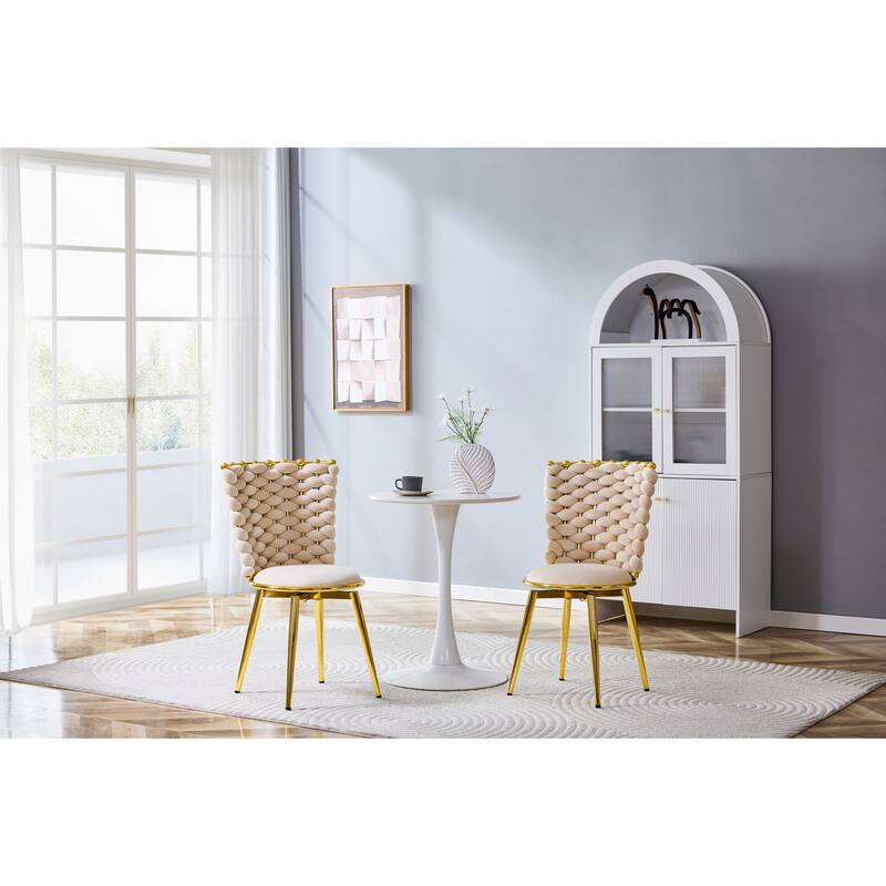 Set Of 2, Modern Luxury Velvet Woven Decorative Dining Chairs, Equipped With Gold Metal Legs And Cushioned Seats - Beige