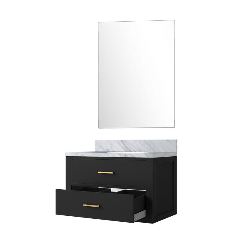 Black Bath Vanity 30" W x 22" D, Cultured Marble Countertop, Soft Close Cabinet, and 28" Frameless Mirror