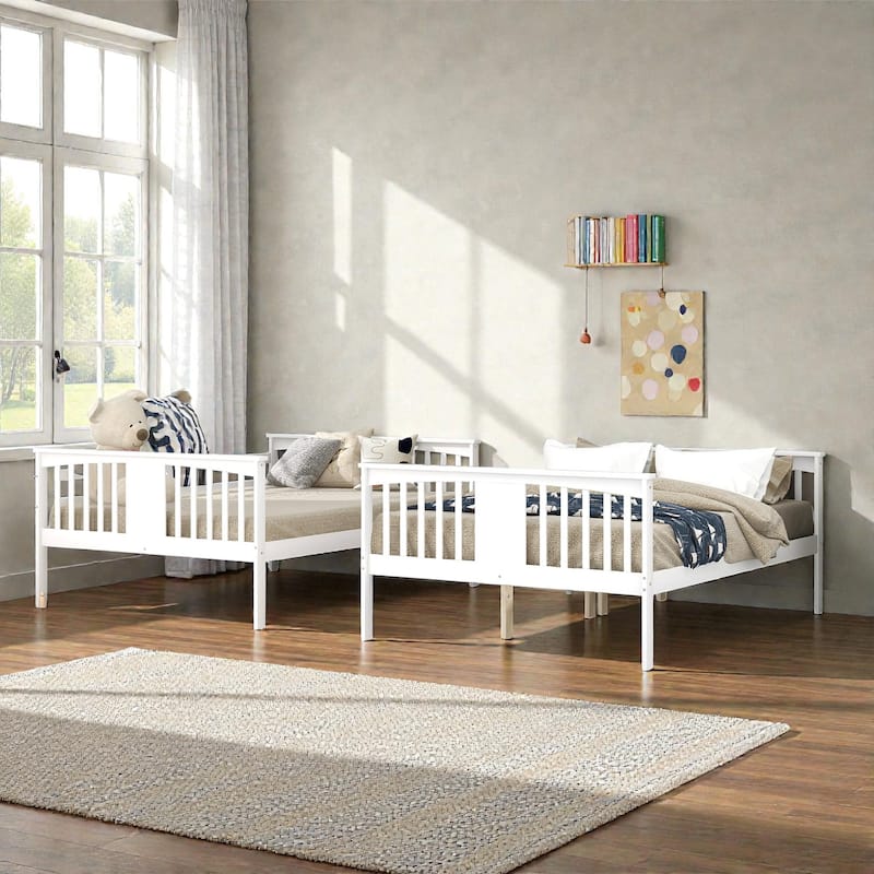 Full Over Full Bunk Bed with Ladder, Solid Wood Convertible Bunk Bed Frame for Bedroom or Guest Room