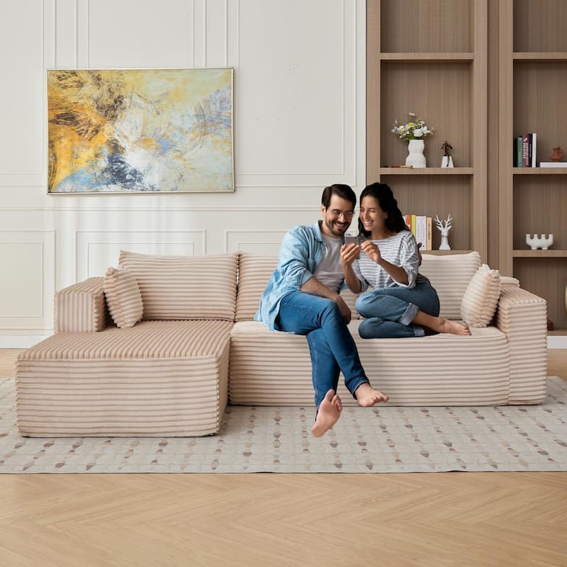 Modular L Shaped Sectional Sofa with Chaise Lounge, Corduroy Upholstered Boneless Sleeper Sofa, Compression Sofa with Deep Seat
