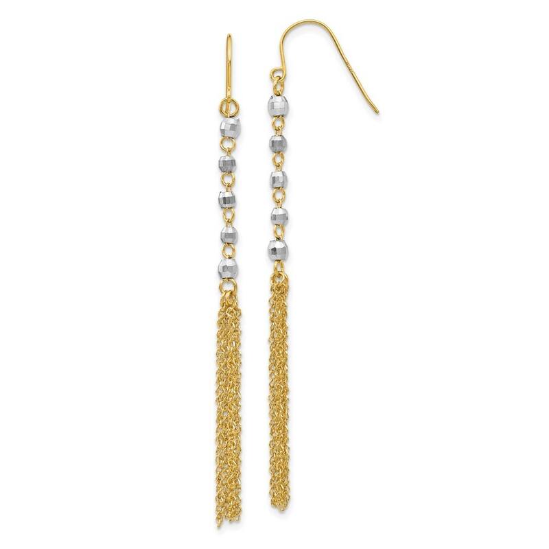Curata Solid 14K Two-Tone Gold Tassel and Bead Long Drop Hook Earrings (5mmx70mm) - Orange