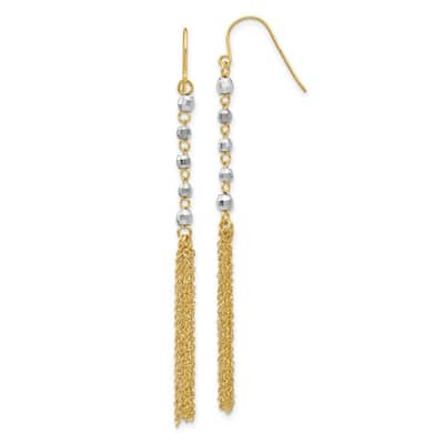 Curata Solid 14K Two-Tone Gold Tassel and Bead Long Drop Hook Earrings (5mmx70mm) - Orange