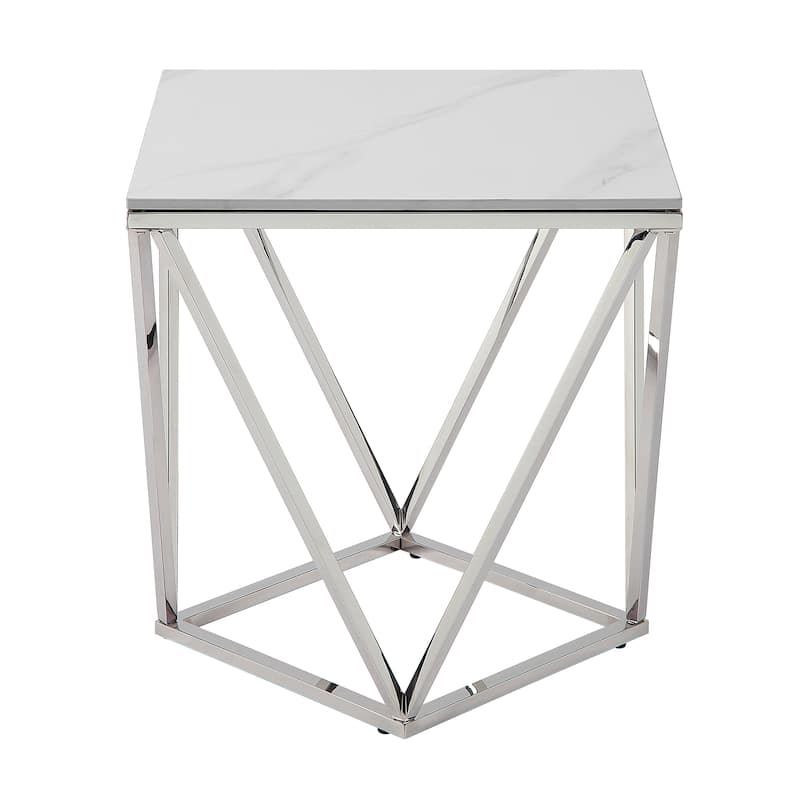 Allie End Table, White Sintered Stone, Silver Stainless Steel 21 Inch