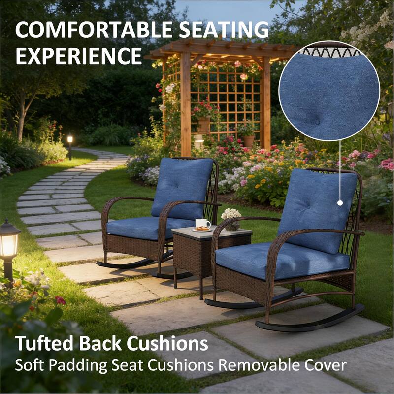 GDFStudio - Outdoor Wicker Rocking Bistro Set with Cushioned Chairs & Table