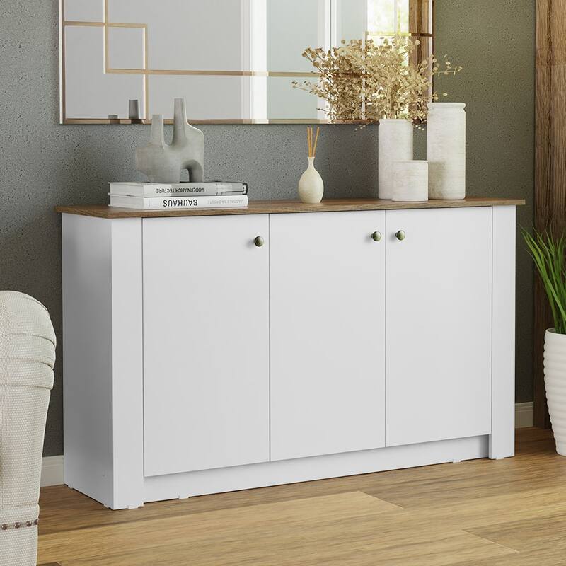 Madesa Modern Sideboard Buffet Storage Cabinet with 3 Doors 53 Inch Wooden Organization Entryway - White/Brown