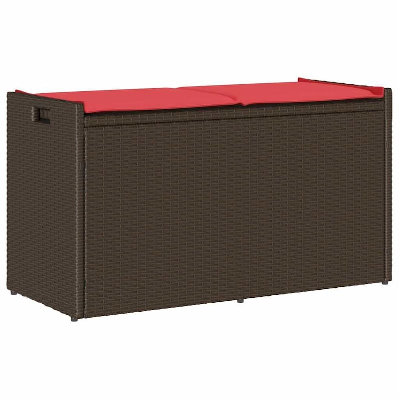 vidaXL Patio Storage Bench with Cushion Black/Brown 39.4" Poly Rattan - 37.4" x 15.6" x 1.2" - Brown and red