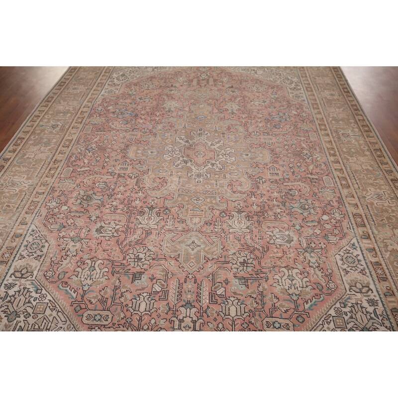 Pink Geometric Mashad Persian Vintage Area Rug Handmade Wool Carpet - 8'1"x 11'1"