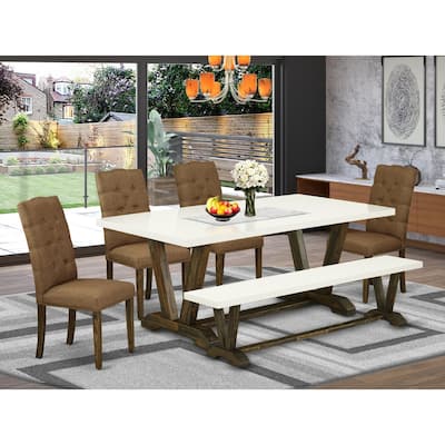 Southwestern Dining Set - 6 Piece Table & Chair Set with Bench - Linen Fabric & Tufted Design