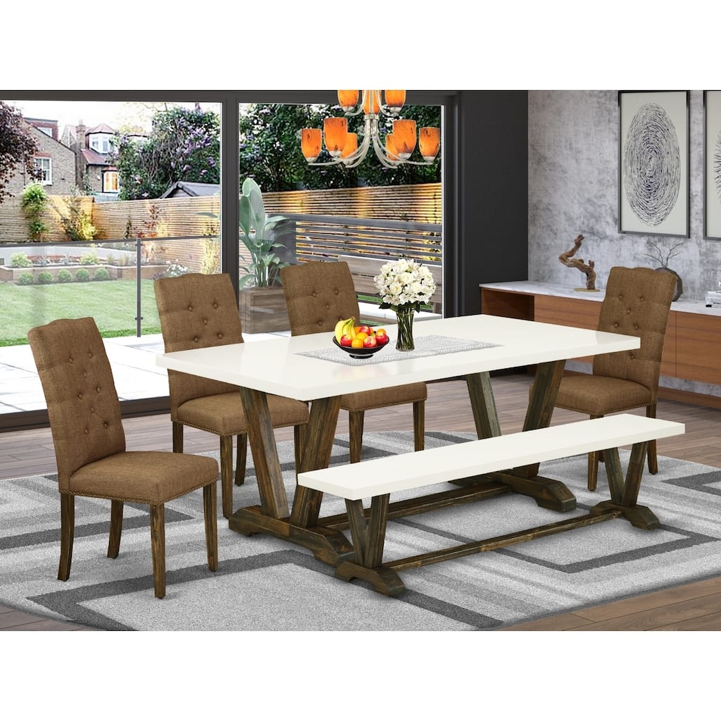 Southwestern Dining Set - 6 Piece Table & Chair Set with Bench - Linen Fabric & Tufted Design