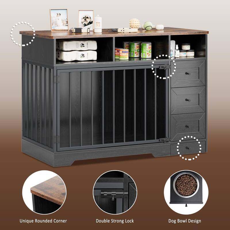 Retro Brown 48 Inch Dog Crate Furniture, Indoor Dog Kennel with Hidden Bowl