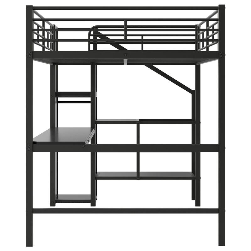 Full Size LED Loft Bed Frame, Industrial Metal High Loftbed with Built In Desk, Storage Staircase and Small Wardrobe
