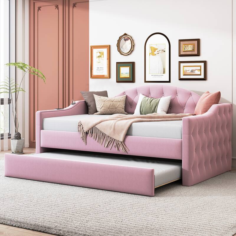 Tufted Upholstered Daybed with Trundle, USB and Type-C Charging Ports
