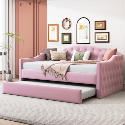 Twin Size Tufted Upholstered Daybed with Trundle ,Velvet Sofabed with USB&Type-C Charging Ports,No Box-spring Needed