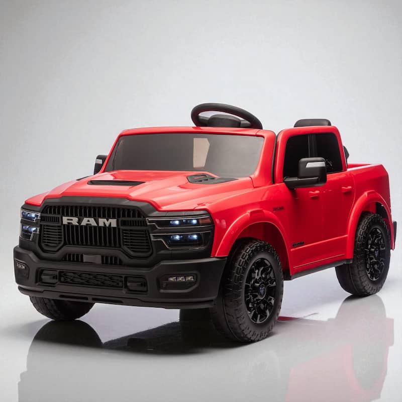 24V Licensed Dodge RAM 2500 2-Seater Kids Ride On Truck with Remote, Dual Motors, 4-Wheel Suspension, Bluetooth & Music - Red