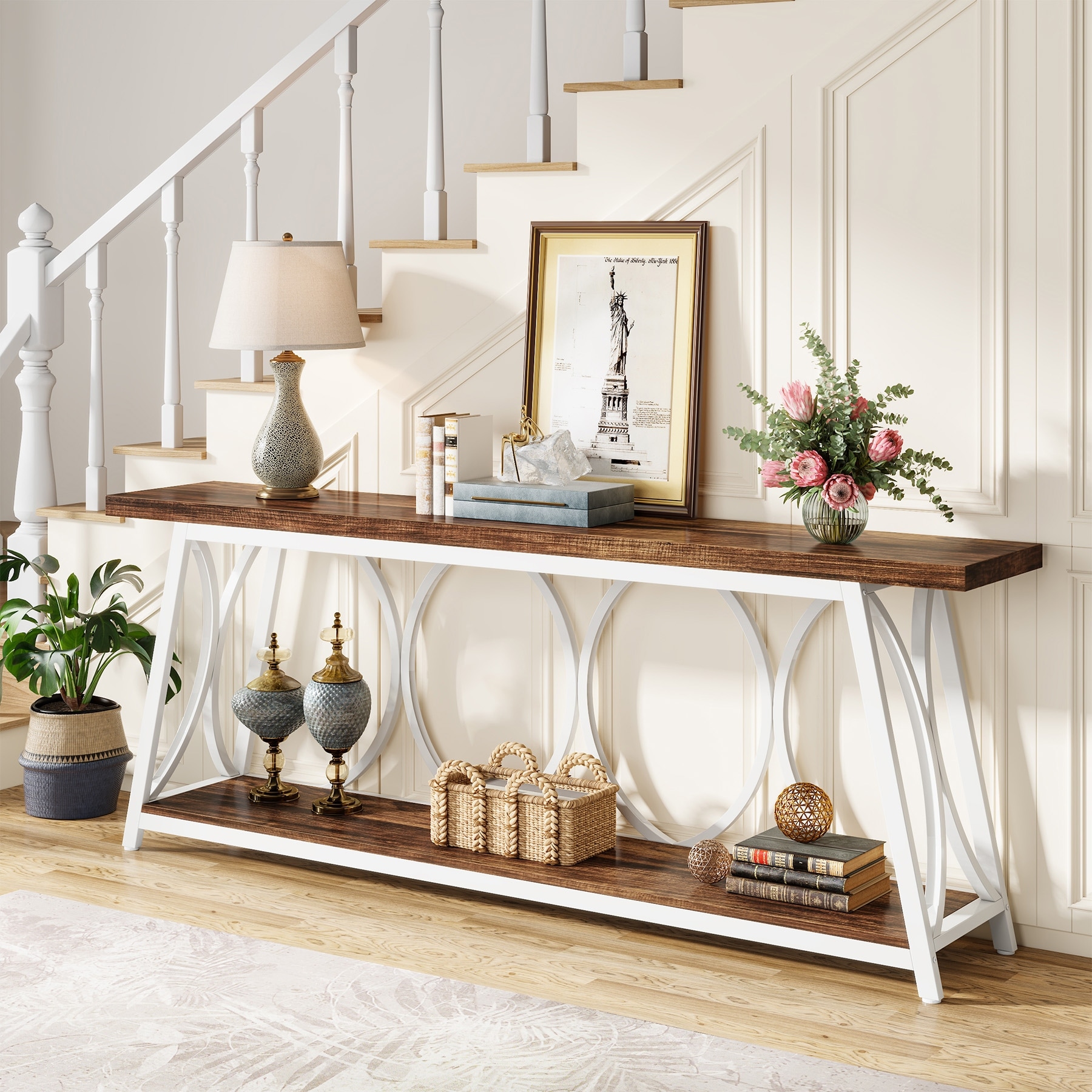 70.9 Inch Extra‑Long 2‑Tier Storage Console Table, Rustic Wood & Modern Metal Entryway Sofa Table