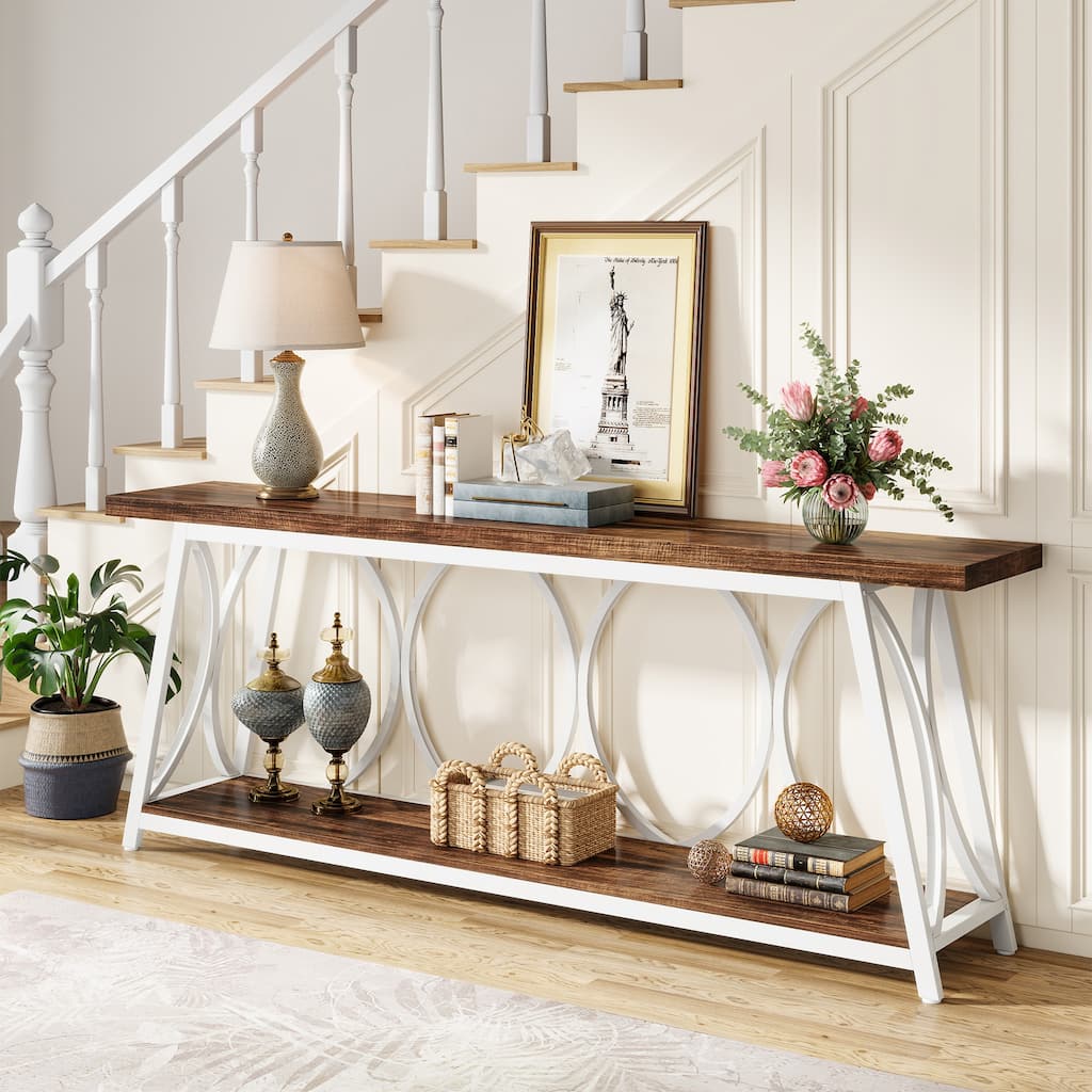 70.9 Inch Extra‑Long 2‑Tier Storage Console Table, Rustic Wood & Modern Metal Entryway Sofa Table