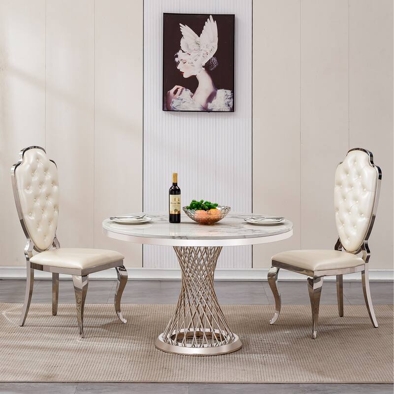 47" Round Dining Table with Faux Marble Tabletop and Stainless Steel Base - Silver+White