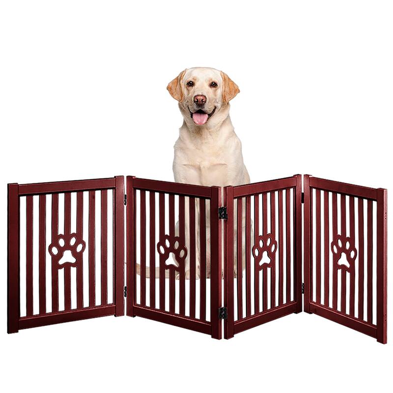 Trimate: 80"L x 23.6"H 4 Panel, Foldable Wooden Freestanding Pet Gate, Mahogany