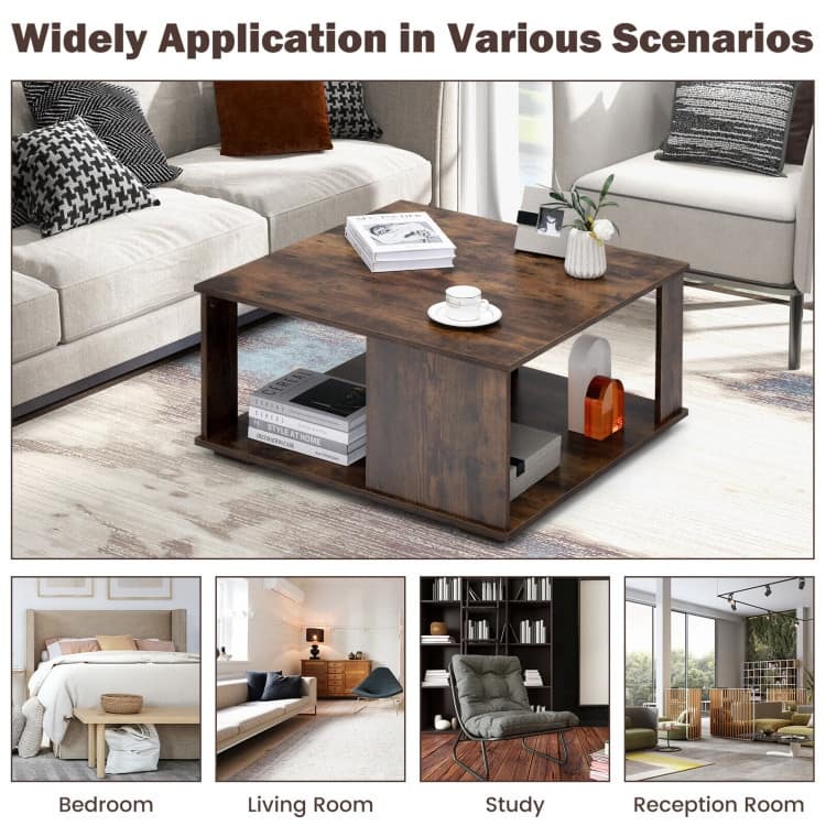 2 Tiers Square Coffee Table with Storage and Non-Slip Foot Pads-Rustic Brown - 31.5" x31.5" x 16"(L x W x H)