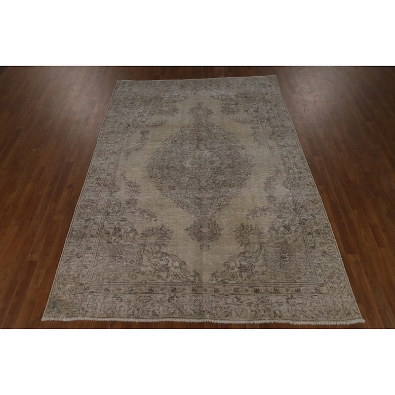 Distressed Tabriz Persian Area Rug Hand-Knotted Green Wool Carpet - 6'5" x 9'0"