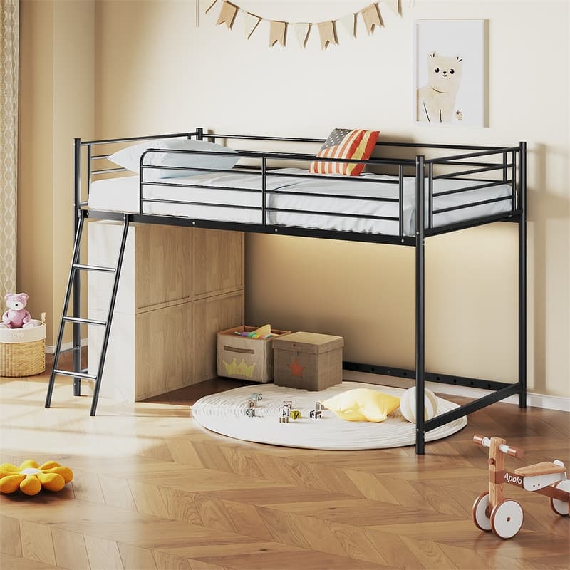 Junior Metal Twin Loft Bed With Guard Rails And Stairs