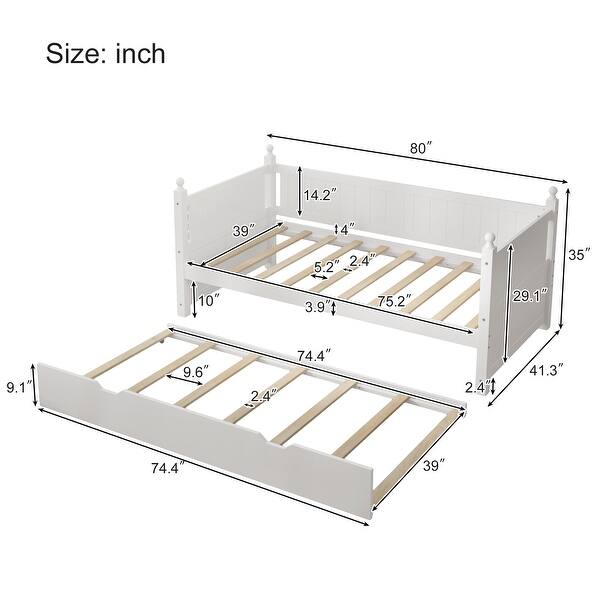Wooded Frame Daybed Twin Size Guest Bed Wood Slat Support Bed Frame for Bedroom Platform Daybed with Trundle, Pull-out Wheels