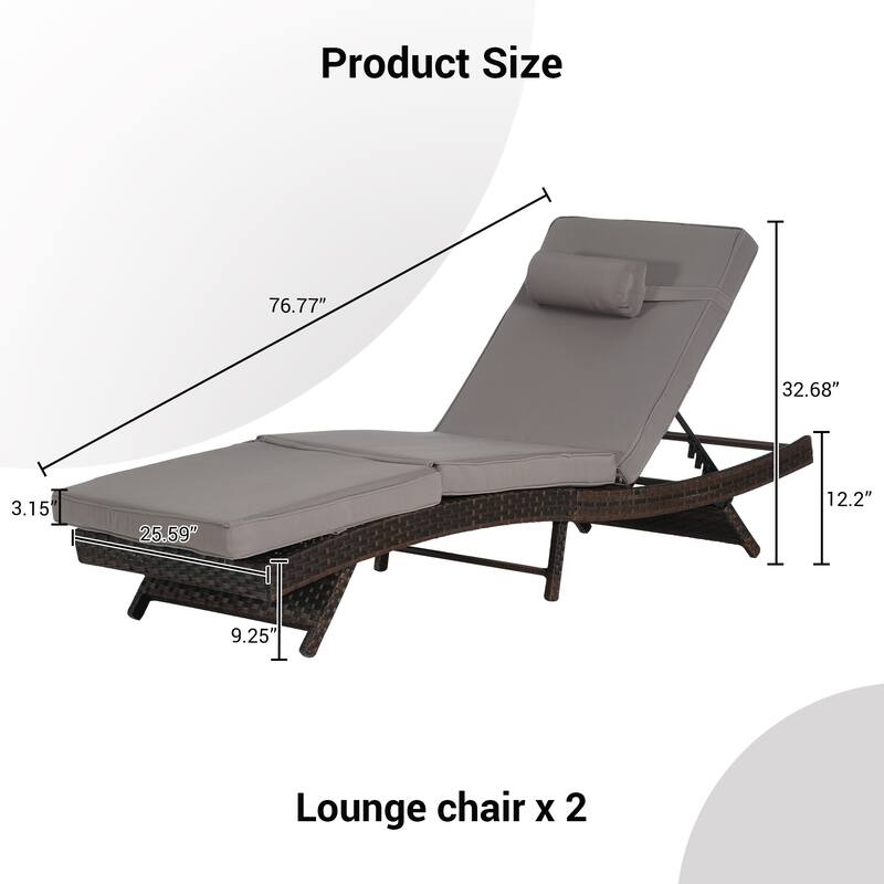 2 Piece Outdoor Wicker Long Reclining Chair Set, Sunbathing Recliner for Beach Poolside Garden