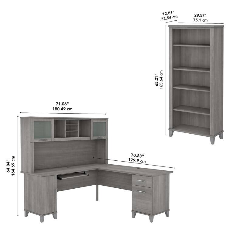 Somerset 72W L Shaped Desk with Hutch and 5 Shelf Bookcase