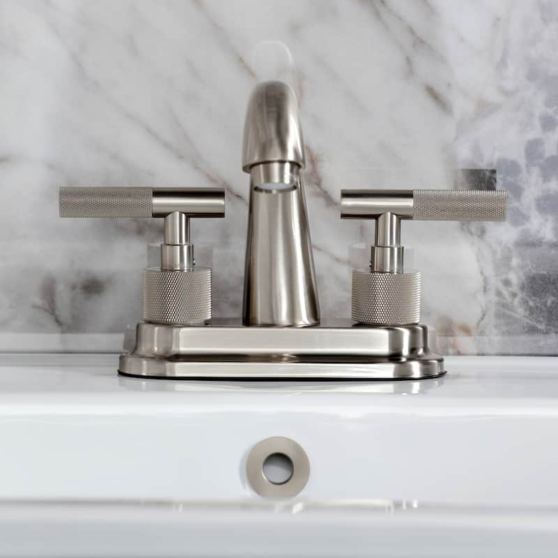 Kingston Brass Convergent Two-Handle 3-Hole Deck Mount 4" Centerset Bathroom Faucet with Knurled Handle and Brass Pop-Up Drain
