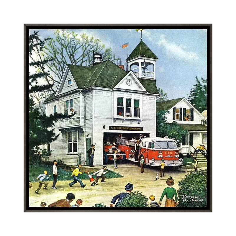 iCanvas "The New American LaFrance is Here (Firehouse)" by Norman Rockwell Framed - Charcoal - 12x12