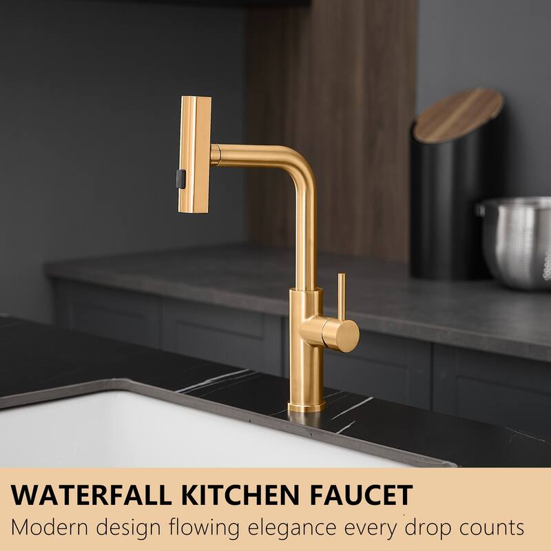 Brushed Gold Stainless Steel Pull-out Single Handle Wide Spray Kitchen Faucet