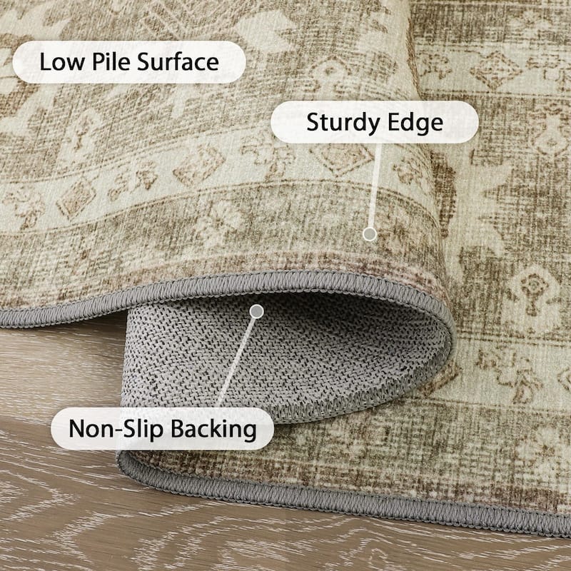 Mcow Sage Green Boho Pattern Ultra-Thin Low-Pile Washable Non-Slip Area Rug