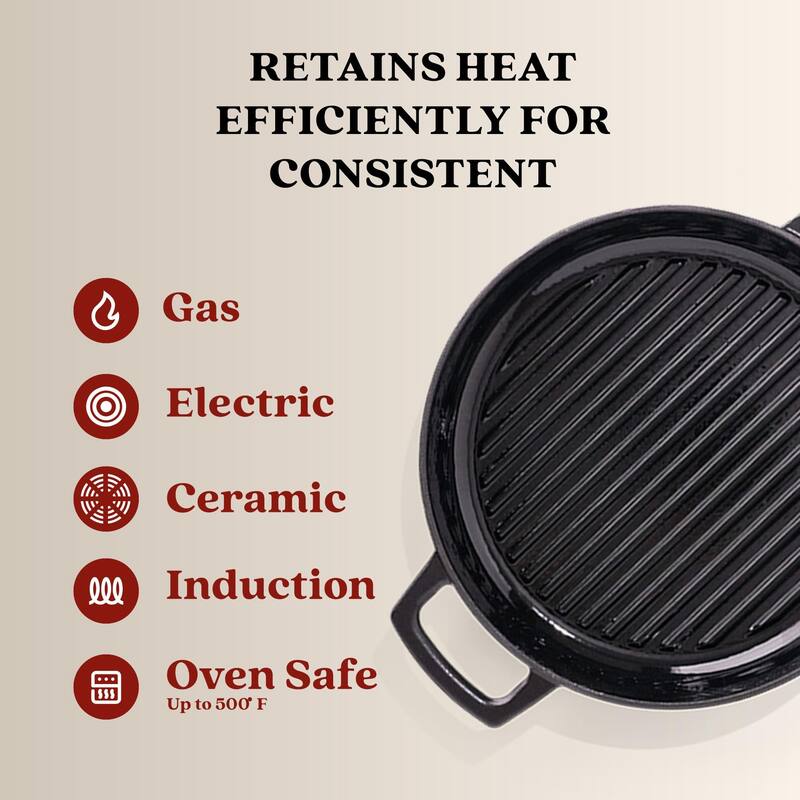Alva Nori 11" Enameled Cast Iron Griddle Pan, Naturally Nonstick Grill Pan