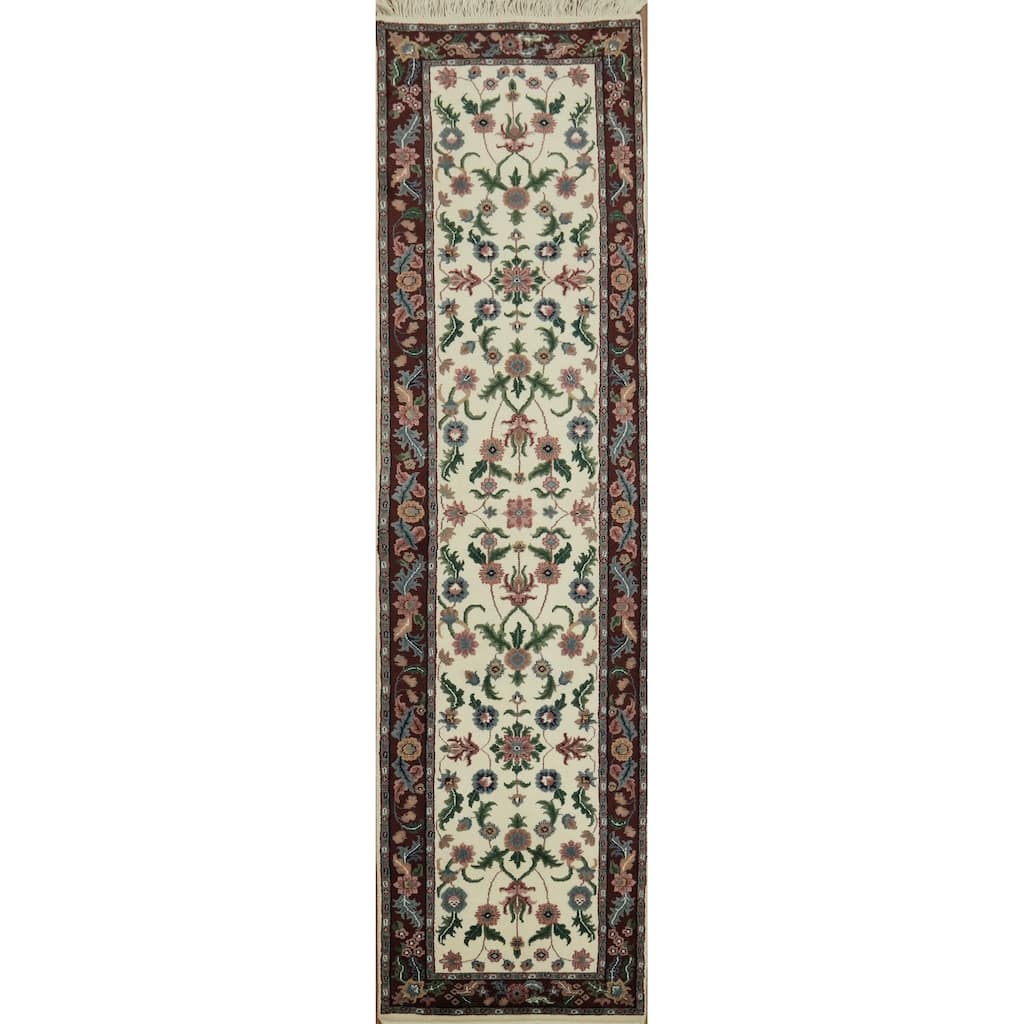 Hand Knotted Oriental 100% Wool Carpet Traditional All-Over Beige & Ivories Kashan Runner Rug - 9' 9'' X 2' 7''