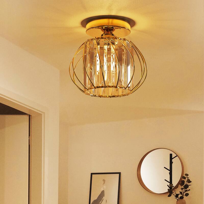 YANSUN Gold Metal Semi-Flush Mount Light with Crystal Shade, E26 Socket for Timeless Décor - 7.1*7.1*6.7