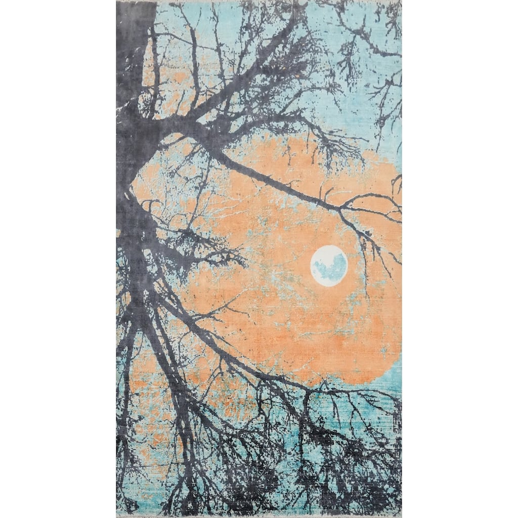 Hand Knotted Oriental Viscose Silk Carpet Modern Pictorial Multi-Colored Abstract Area Rug - 7' 11'' X 5' 0''