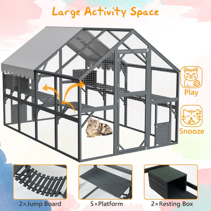Extra Spacious Outdoor Catio - 110" Luxury Cat Haven with Roof, Ramp, Pod Bed & Lounging Huts