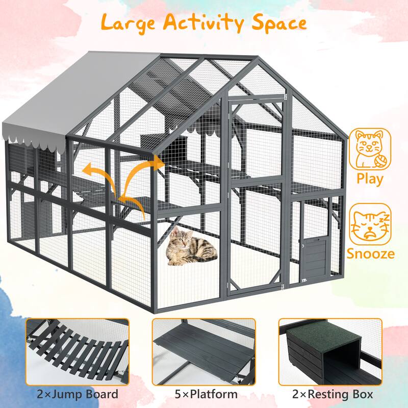 Large Catio Outdoor Cat Enclosure, Outside Cattery with Weatherproof Roof, Cat Scratcher Ramp & Cat Space Capsule Bed