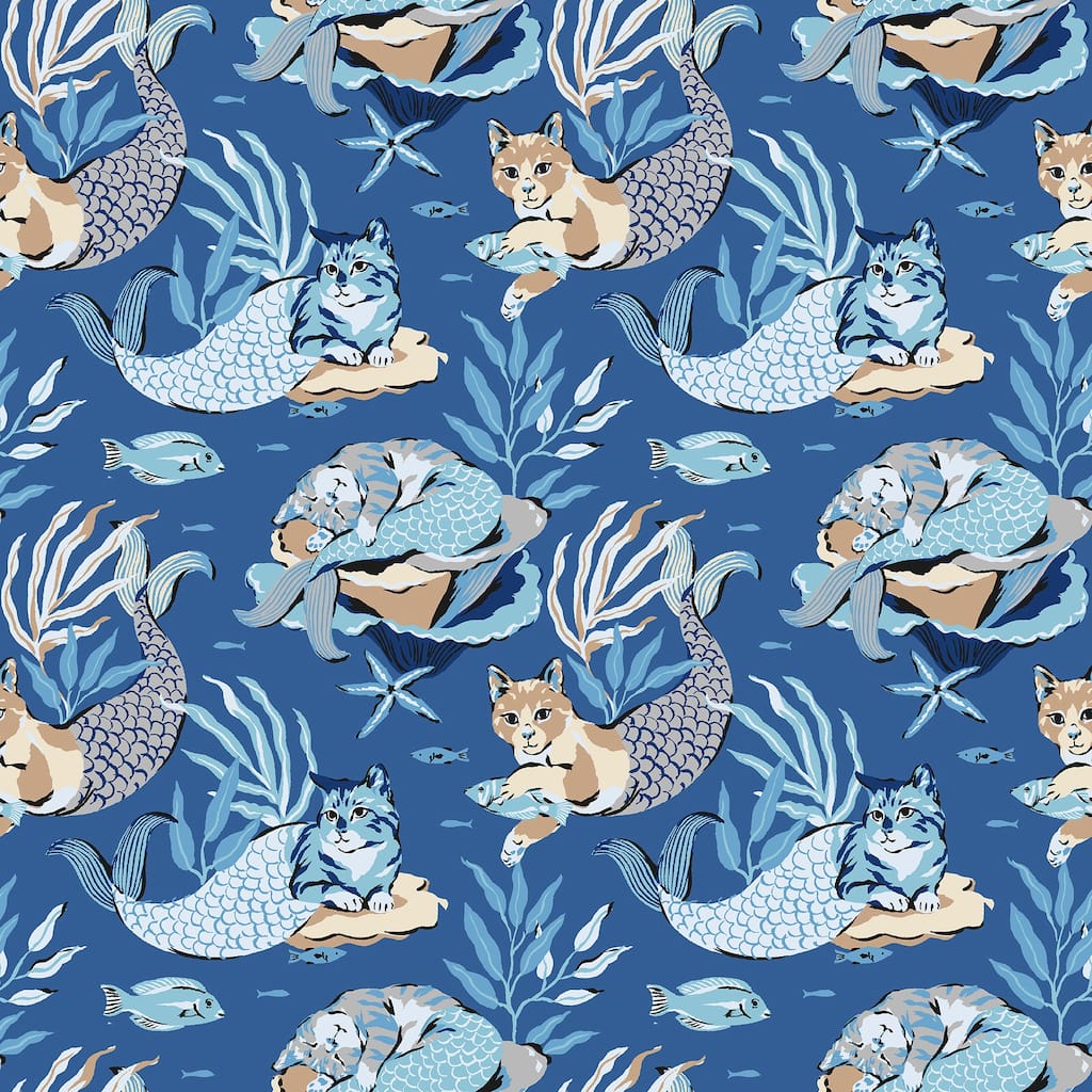 PrintFresh Meowing Mermaids Blue Peel and Stick Wallpaper