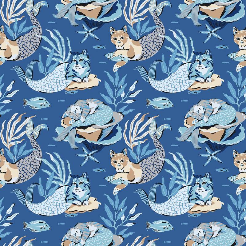 PrintFresh Meowing Mermaids Blue Peel and Stick Wallpaper